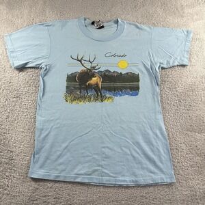 Vintage Destination Nature Shirt Mens Large Blue Colorado Elk Deer Landscape USA